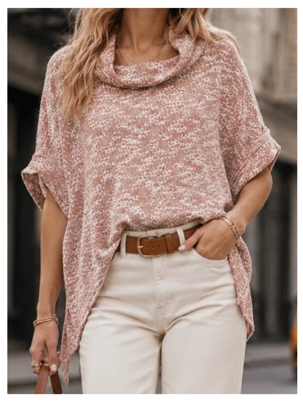 🟠NWT KYEMI Cowl Neck Short Sleeve High-Low Sweater in Mauve/Ivory